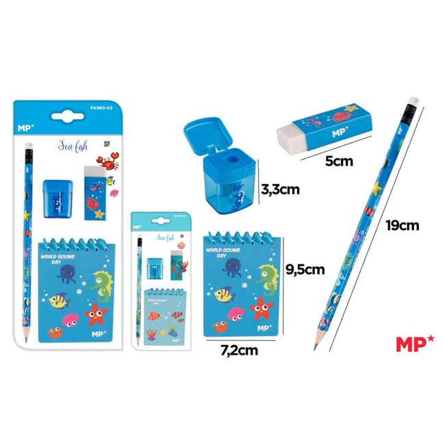 Set Main Paper, creion grafit cu radiera, ascutitoare, notes 7x10 cm, albastru BPTCMR210542