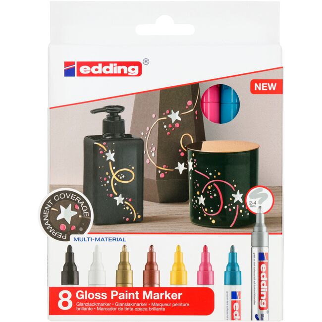 Set markere cu vopsea edding 750, corp metalic, varf rotund, 2-4 mm, 8 bucati, negru, galben, roz, albastru deschis, alb, auriu, argintiu, cupru BPTCED750899