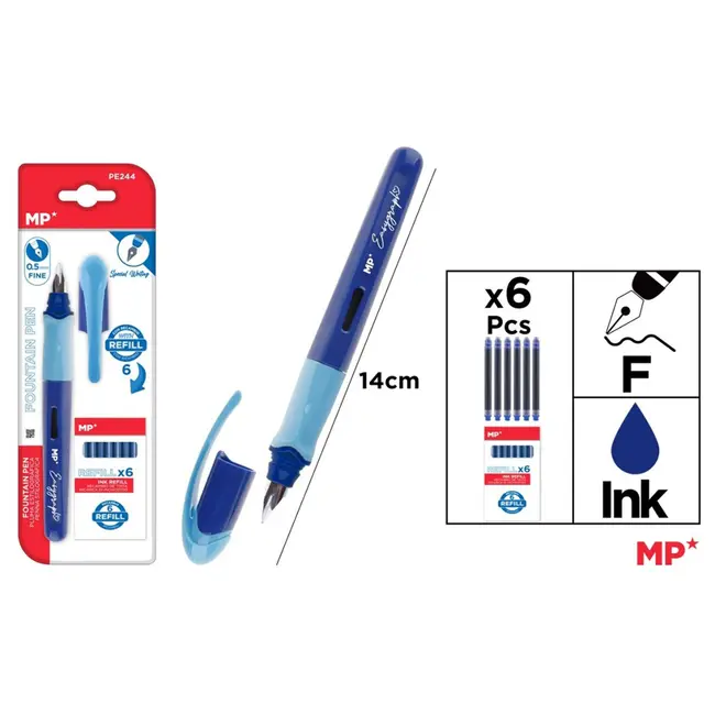 Set stilou albastru Main Paper, varf F, 6 rezerve cerneala, blister BPTCMR209416
