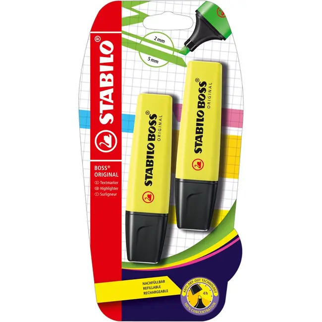 Textmarker Stabilo Boss Original, 2 bucati/blister, galben BPTCSW104221