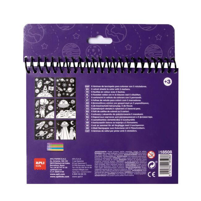Bloc de colorat din catifea neagra, Spatiu, APLI, include 5 markere SOLAPL18508
