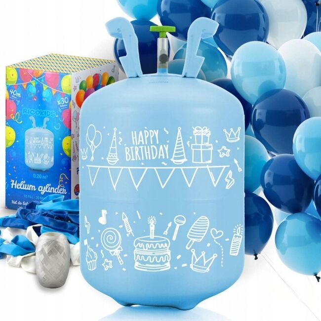 Cilindru cu heliu 0.20 m3 cu 30 de baloane si 40m panglica ricokids 799002 - albastru edeedi799002