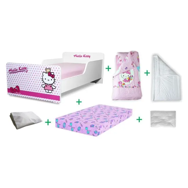 Pachet Promo Complet Pat Start Hello Kitty Fete 2-8 ani, cu saltea SmartNest cu lana, husa impermebila, lenjerie, pilota, perna, incluse