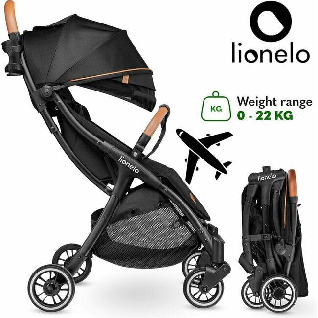 Carucior sport, Lionelo, Julie One, De la nastere, Greutate redusa, Cu accesorii, Cadru din aluminiu, 0-22 kg, Pliere compacta pentru avion, Conform cu standardele europene de securitate EN1888-1 si EN1888-2, Negru BYNLO-JULIE_ONE_BLACK