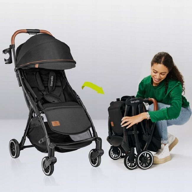 Carucior sport, Lionelo, Julie One, De la nastere, Greutate redusa, Cu accesorii, Cadru din aluminiu, 0-22 kg, Pliere compacta pentru avion, Conform cu standardele europene de securitate EN1888-1 si EN1888-2, Negru BYNLO-JULIE_ONE_BLACK