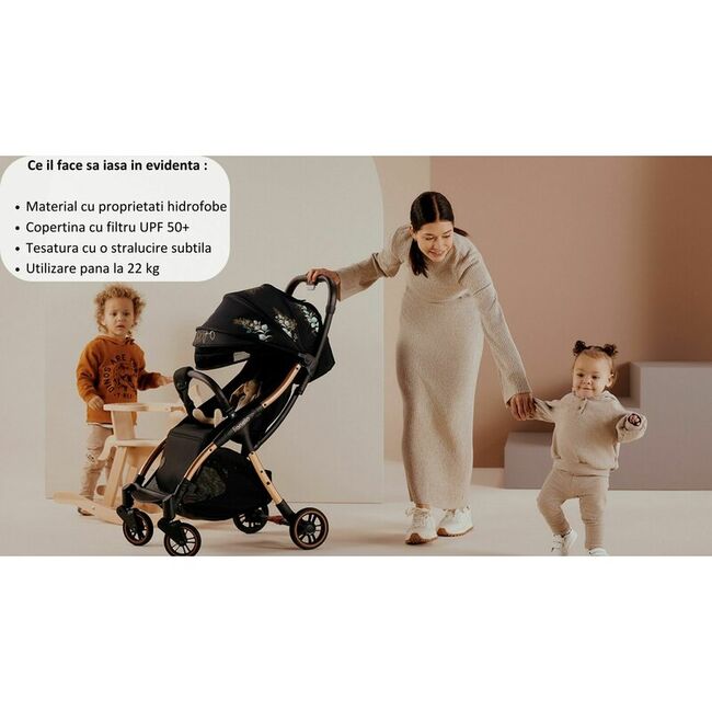 Carucior sport, Lionelo, Julie One, De la nastere, Greutate redusa, Cu accesorii, Cadru din aluminiu, 0-22 kg, Pliere compacta pentru avion, Conform cu standardele europene de securitate EN1888-1 si EN1888-2, Negru BYNLO-JULIE_ONE_BLACK