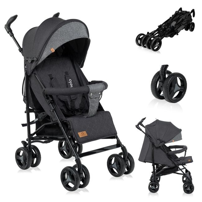 Carucior sport compact, Lionelo, Irma, Spatar reglabil in 4 pozitii, Suport picioare reglabil, Manere rotative, Pliere tip umbrela, 6- 36 luni, Pana la 15 kg, Conform cu EN1888-1:2018, Gri/Negru BYNLO-IRMA_BLACK/DARKGREY