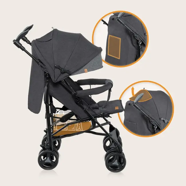 Carucior sport compact, Lionelo, Irma, Spatar reglabil in 4 pozitii, Suport picioare reglabil, Manere rotative, Pliere tip umbrela, 6- 36 luni, Pana la 15 kg, Conform cu EN1888-1:2018, Gri/Negru BYNLO-IRMA_BLACK/DARKGREY