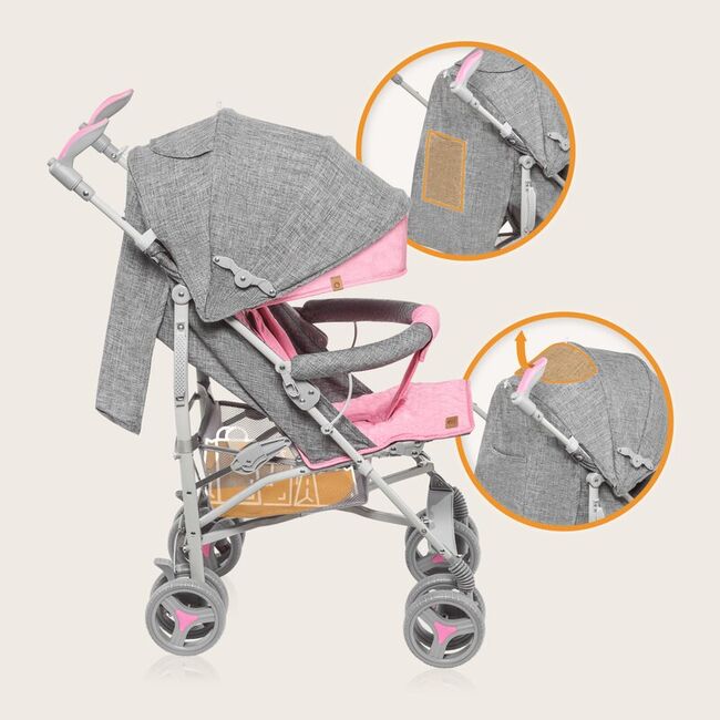Carucior sport compact, Lionelo, Irma, Spatar reglabil in 4 pozitii, Suport picioare reglabil, Manere rotative, Pliere tip umbrela, 6- 36 luni, Pana la 15 kg, Conform cu EN1888-1:2018, Roz BYNLO-IRMA_PINK