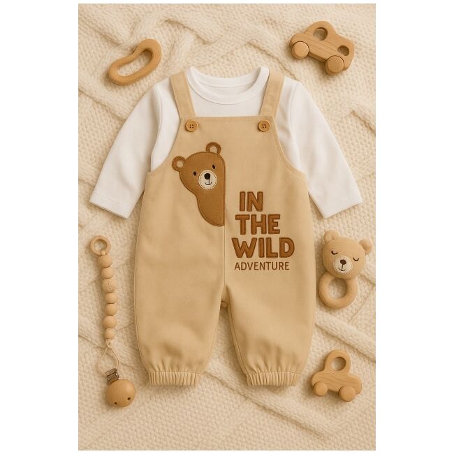 Salopeta cu bluzita pentru bebelusi ursulet – 100% bumbac, crem bbl18