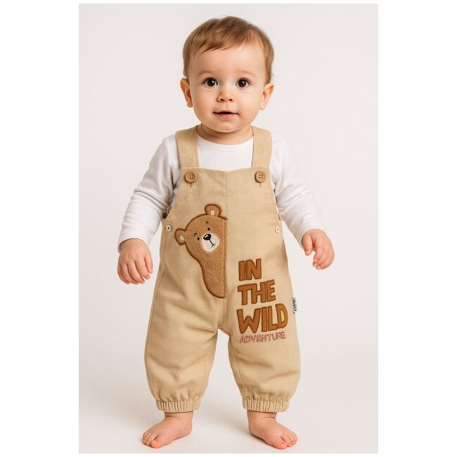Salopeta cu bluzita pentru bebelusi ursulet – 100% bumbac, crem bbl18
