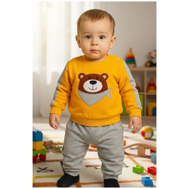 Set bluzita cu pantaloni 100% bumbac cu ursuletul vesel - galben bbl23