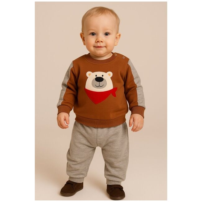 Set bluzita cu pantaloni 100% bumbac cu ursuletul vesel - maro bbl24