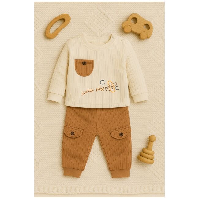 Set bluzita cu pantaloni nafitto din bumbac - maro bbl20