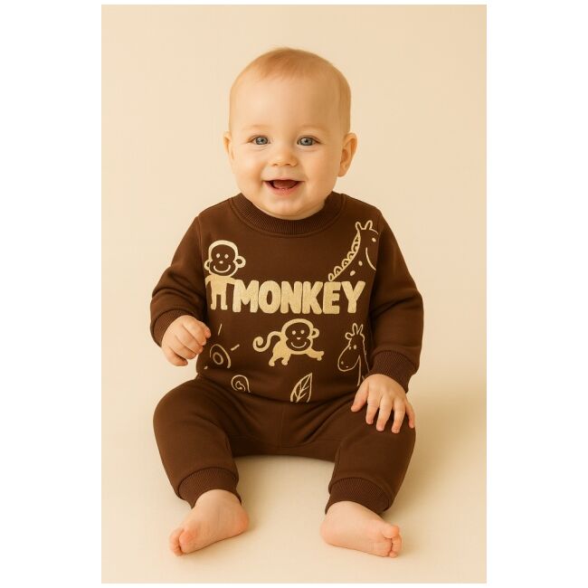 Set bluzita si pantaloni bebelusi din bumbac maro – little monkey bbl8