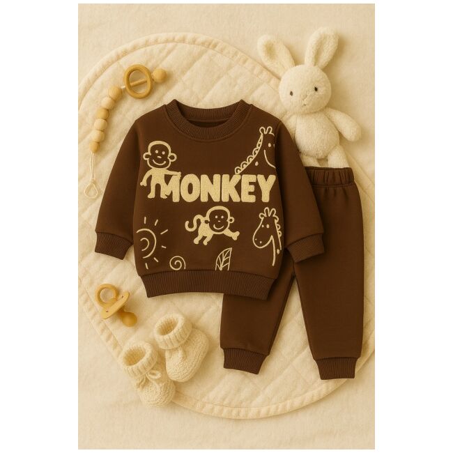 Set bluzita si pantaloni bebelusi din bumbac maro – little monkey bbl8