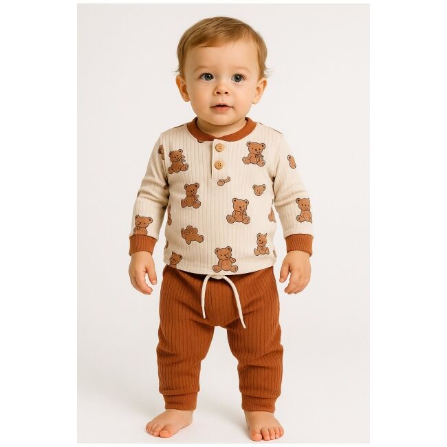 Set bluzita si pantaloni teddy bear din bumbac, cu snur si nasturi bbl23-1