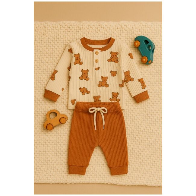 Set bluzita si pantaloni teddy bear din bumbac, cu snur si nasturi bbl23-1