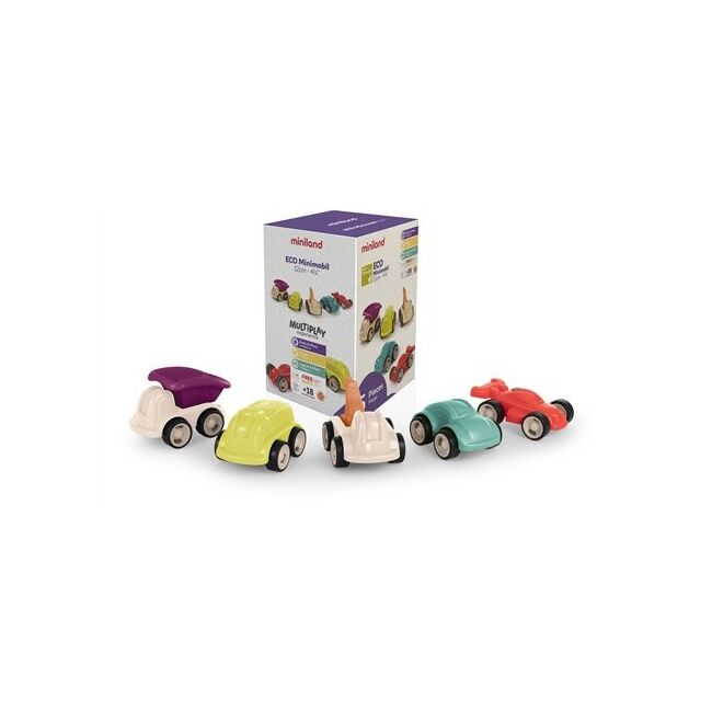 Set de 5 masinute colorate, 12 cm, din materiale ecologice, de la 18 luni - okeml32254