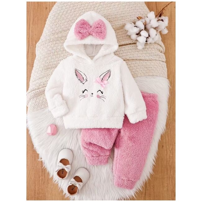 Set pufos si calduros bebelusi cu iepuras – bluza cu gluga + pantaloni roz mbtu134