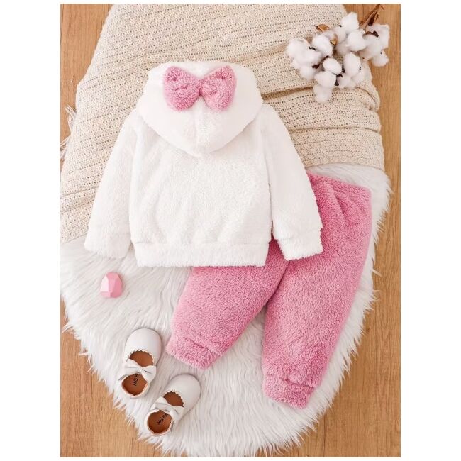 Set pufos si calduros bebelusi cu iepuras – bluza cu gluga + pantaloni roz mbtu134