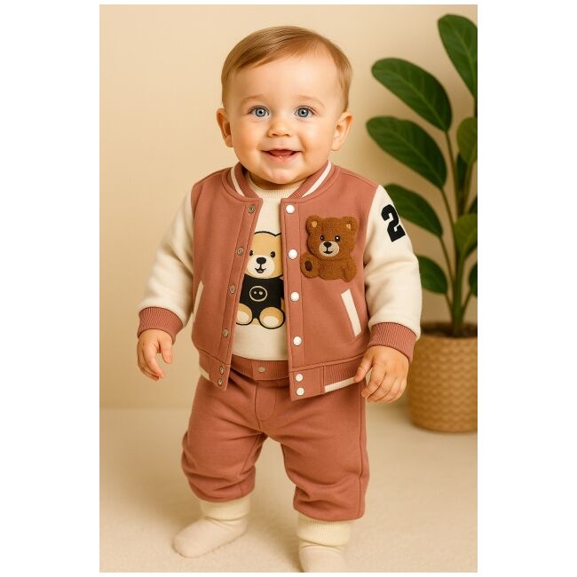 Costumas 3 piese baietel cu ursulet, hanorac varsity si pantaloni trmbgk7434