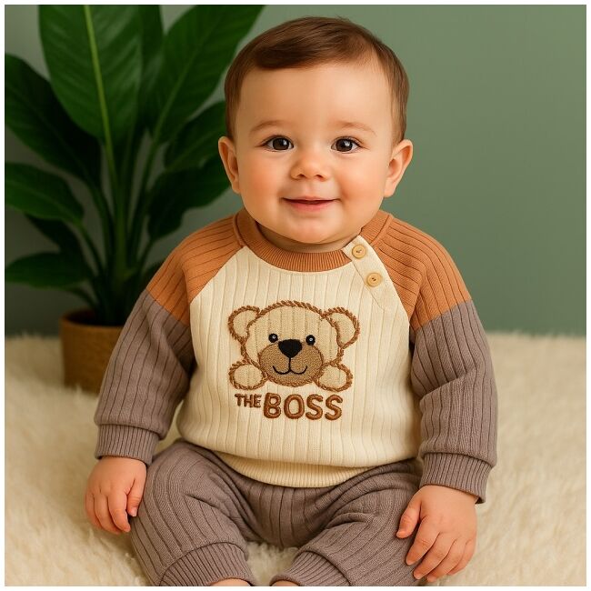 Costumas baietei "the boss" cu bluza cu ursulet si pantaloni trmbf3418