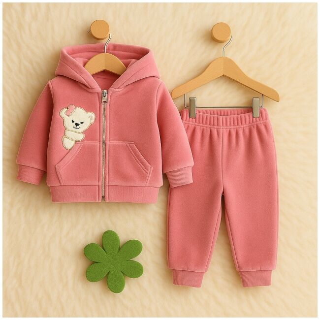 Costumas din catifea pentru fetite, roz pudrat, 2 piese cu hanorac si pantalon trmdp4288