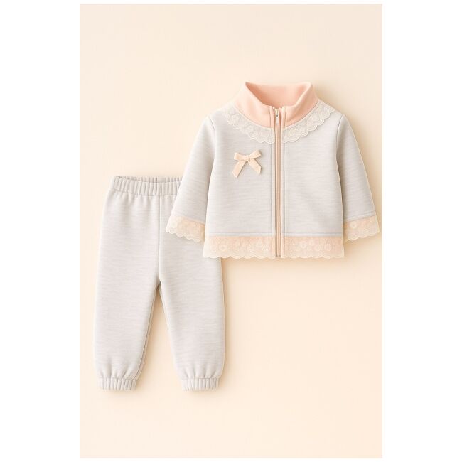 Costumas elegant pentru fetite, 2 piese – bluza cu dantela si fundita + pantaloni comozi trmd9962