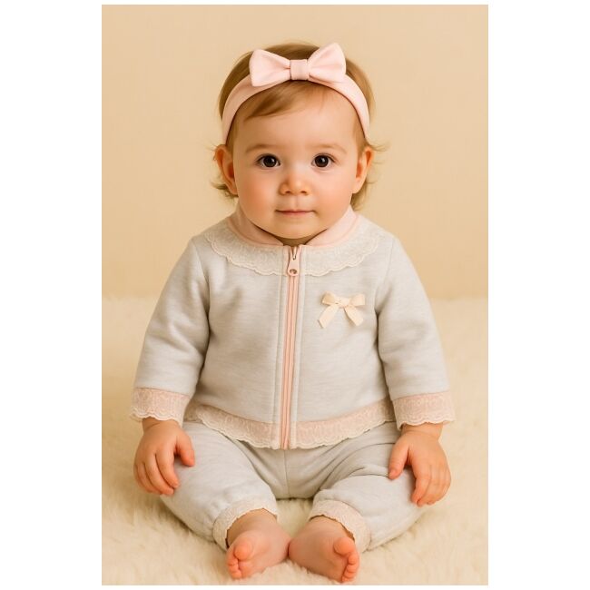 Costumas elegant pentru fetite, 2 piese – bluza cu dantela si fundita + pantaloni comozi trmd9962