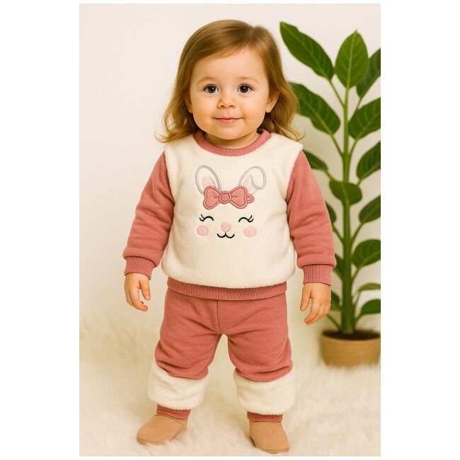 Costumas fetite, roz cu blanita si imprimeu iepuras trmdgk890