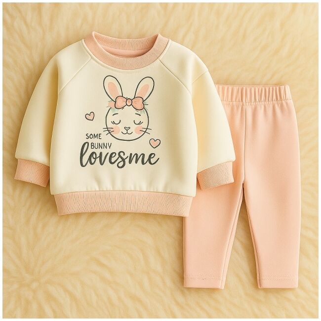Costumas fetite din 2 piese - bluza "some bunny loves me" cu iepuras si pantaloni roz trmdy718