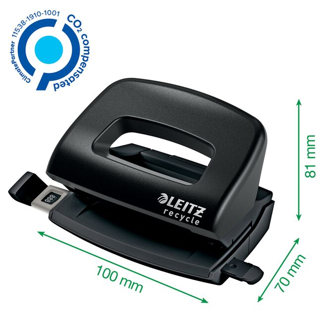 Perforator plastic Leitz Recycle MINI NeXXt Series, 10 coli, partial reciclat, negru BPTCSL100095