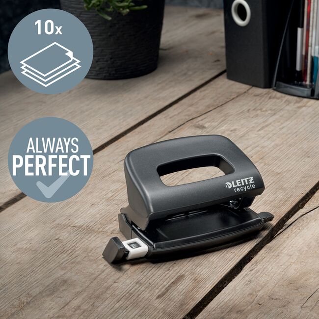 Perforator plastic Leitz Recycle MINI NeXXt Series, 10 coli, partial reciclat, negru BPTCSL100095