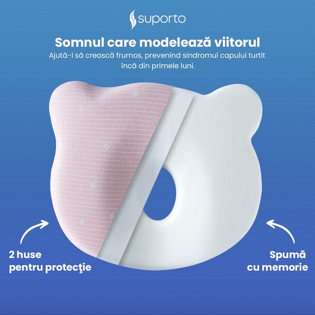 Perna Bebelus Suporto Ursulet, 0-12 luni, Impotriva Plagiocefaliei, pentru Formarea Capului la Nou Nascuti, Ortopedica si Hipoalergenica din Spuma cu Memorie, Husa Bumbac 100%, Roz SPTPBE2ROZ