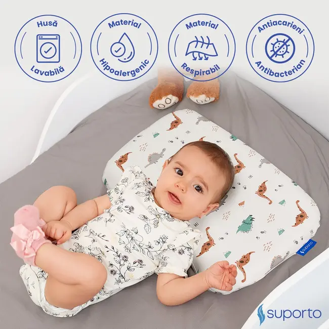Perna Ortopedica Suporto Baby, 8-24 luni, Pentru bebelusi Impotriva Plagiocefaliei, Alba, Model Dinozauri SPTPBEDINO
