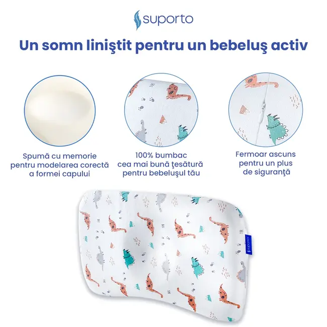 Perna Ortopedica Suporto Baby, 8-24 luni, Pentru bebelusi Impotriva Plagiocefaliei, Alba, Model Dinozauri SPTPBEDINO