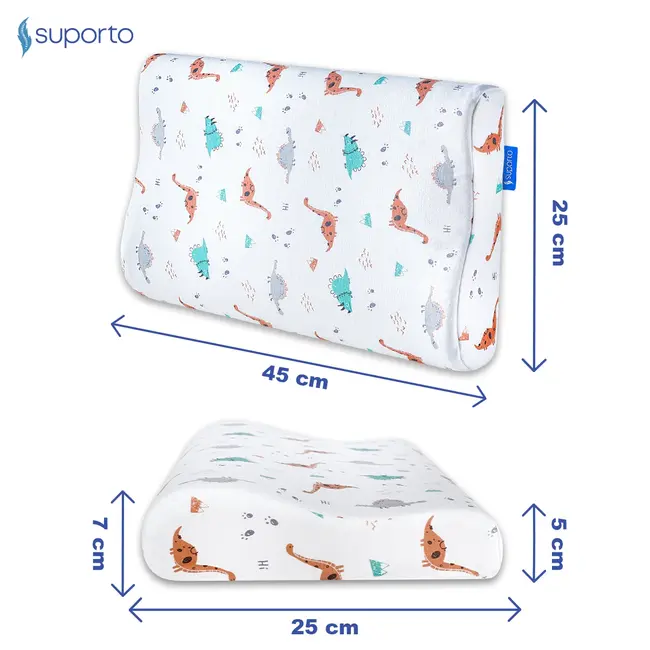 Perna copii Suporto Toddler, 2 - 9 ani, Ortopedica si Hipoalergenica din Spuma cu Memorie, 2 Inaltimi pentru dormit si Suport cervical, Husa Bumbac 100%, Alba, Model Dinozauri SPTPCO4