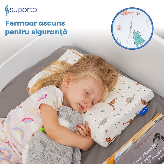 Perna copii Suporto Toddler, 2 - 9 ani, Ortopedica si Hipoalergenica din Spuma cu Memorie, 2 Inaltimi pentru dormit si Suport cervical, Husa Bumbac 100%, Alba, Model Dinozauri SPTPCO4