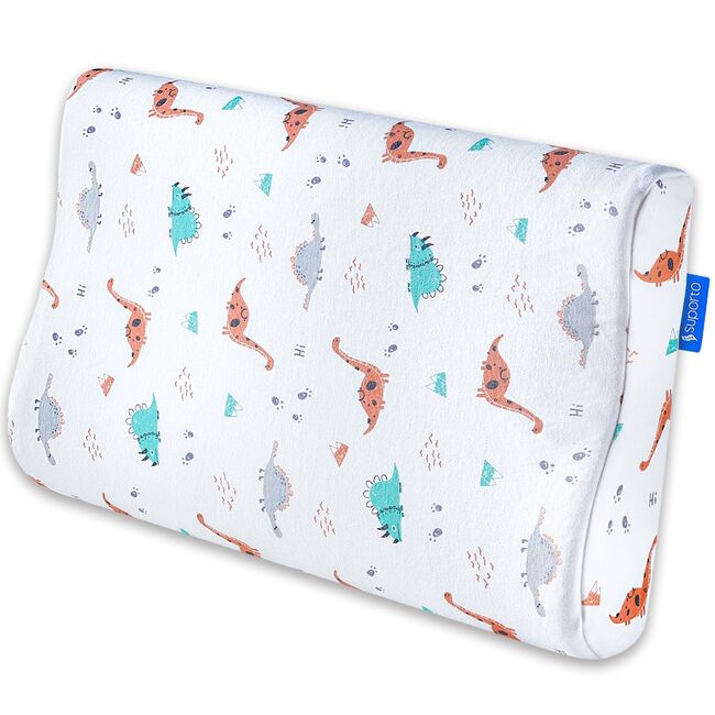 Perna copii Suporto Toddler, 2 - 9 ani, Ortopedica si Hipoalergenica din Spuma cu Memorie, 2 Inaltimi pentru dormit si Suport cervical, Husa Bumbac 100%, Alba, Model Dinozauri SPTPCO4