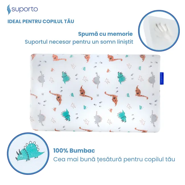 Perna copii Suporto Toddler, 2 - 9 ani, Ortopedica si Hipoalergenica din Spuma cu Memorie, 2 Inaltimi pentru dormit si Suport cervical, Husa Bumbac 100%, Alba, Model Dinozauri SPTPCO4