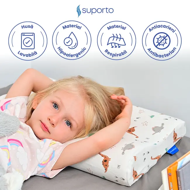 Perna copii Suporto Toddler, 2 - 9 ani, Ortopedica si Hipoalergenica din Spuma cu Memorie, 2 Inaltimi pentru dormit si Suport cervical, Husa Bumbac 100%, Alba, Model Dinozauri SPTPCO4