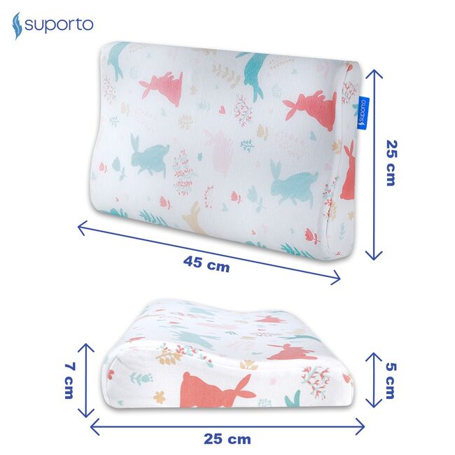 Perna copii Suporto Toddler, 2 - 9 ani, Ortopedica si Hipoalergenica din Spuma cu Memorie, 2 Inaltimi pentru dormit si Suport cervical, Husa Bumbac 100%, Alba, Model Iepurasi SPTPCO3