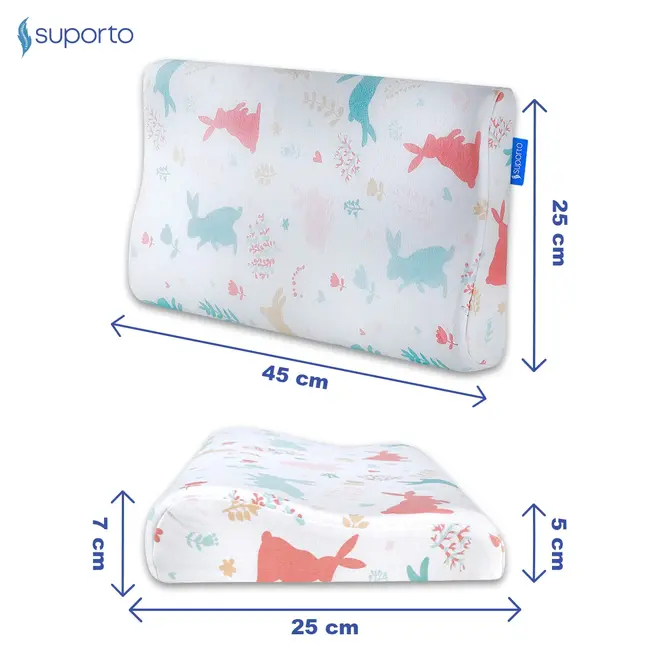 Perna copii Suporto Toddler, 2 - 9 ani, Ortopedica si Hipoalergenica din Spuma cu Memorie, 2 Inaltimi pentru dormit si Suport cervical, Husa Bumbac 100%, Alba, Model Iepurasi SPTPCO3