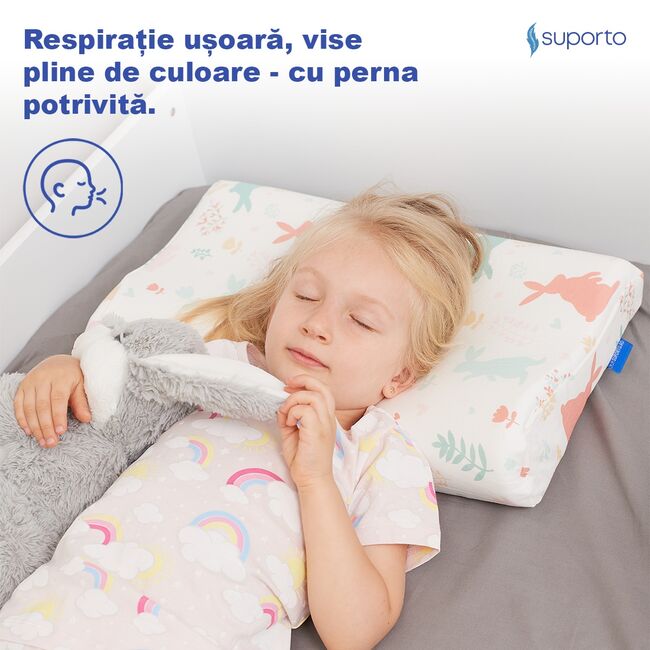 Perna copii Suporto Toddler, 2 - 9 ani, Ortopedica si Hipoalergenica din Spuma cu Memorie, 2 Inaltimi pentru dormit si Suport cervical, Husa Bumbac 100%, Alba, Model Iepurasi SPTPCO3