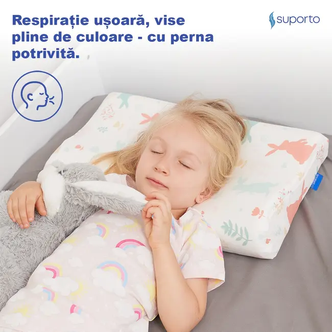 Perna copii Suporto Toddler, 2 - 9 ani, Ortopedica si Hipoalergenica din Spuma cu Memorie, 2 Inaltimi pentru dormit si Suport cervical, Husa Bumbac 100%, Alba, Model Iepurasi SPTPCO3