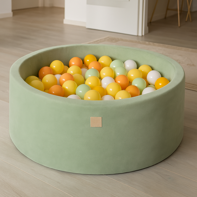 Piscina Cu Bile Rotunda Meowbaby   Velvet Sage Olive 90x30 Cm, Cu 200 Bile: Alb   Portocaliu   Verde Deschis   Galben Pastel Pjbveo-zpbpgy002