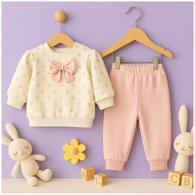 Set bebelusi crem cu buline si fundita + pantaloni roz – 2 piese moi si confortabile trmbp1022