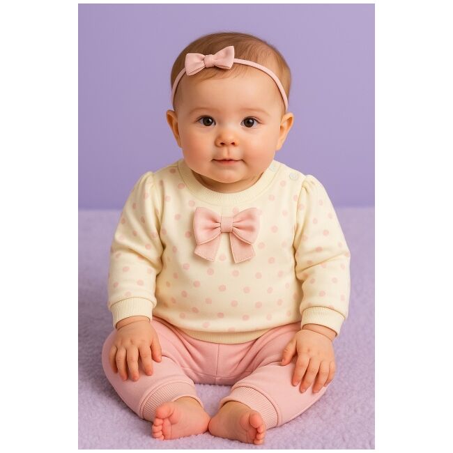 Set bebelusi crem cu buline si fundita + pantaloni roz – 2 piese moi si confortabile trmbp1022