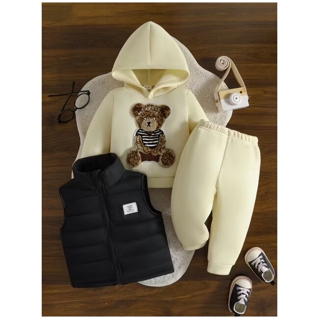 Set bebelusi cu ursulet - bluza cu gluga + pantaloni + vesta matlasata mbtu136